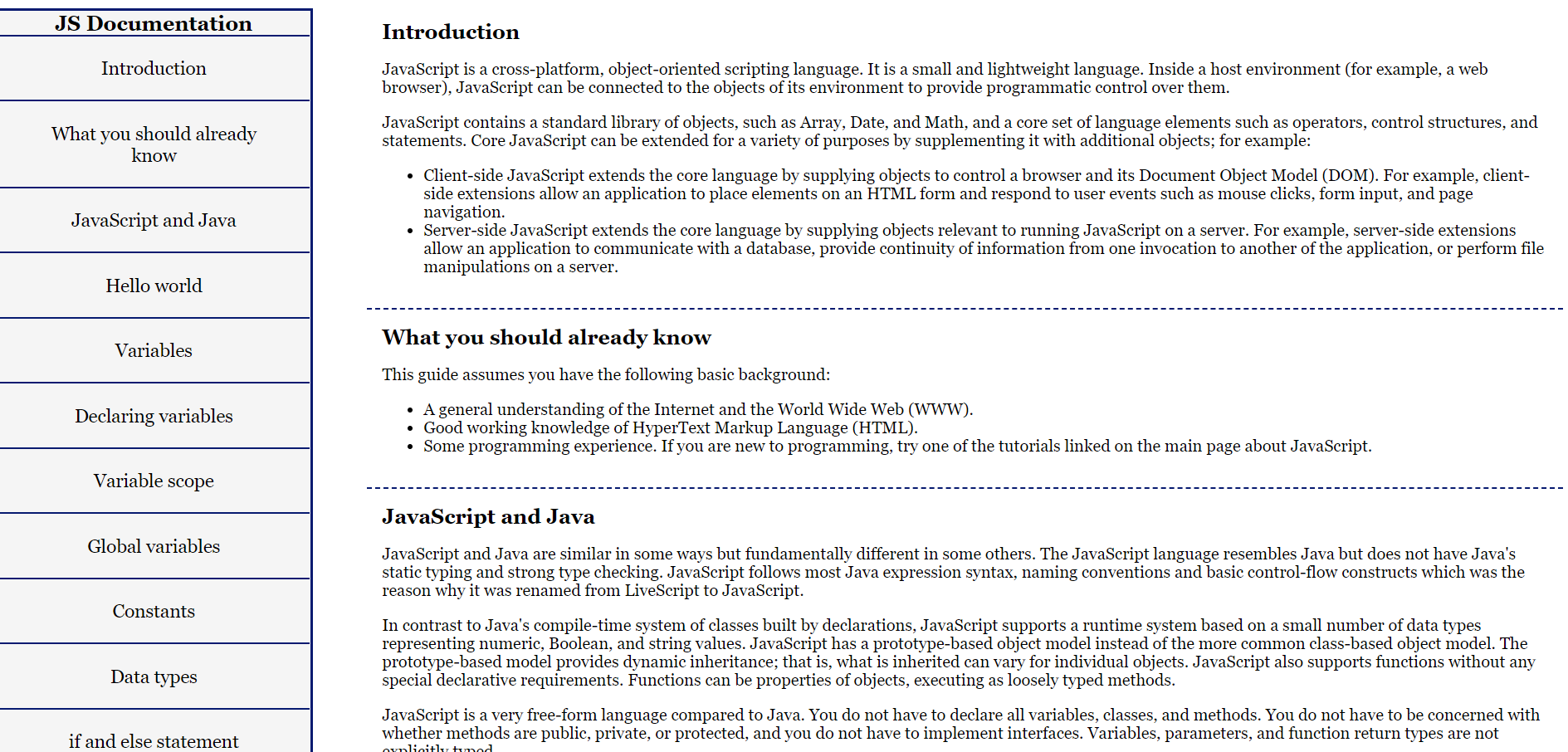 JavaScript Documentation Page